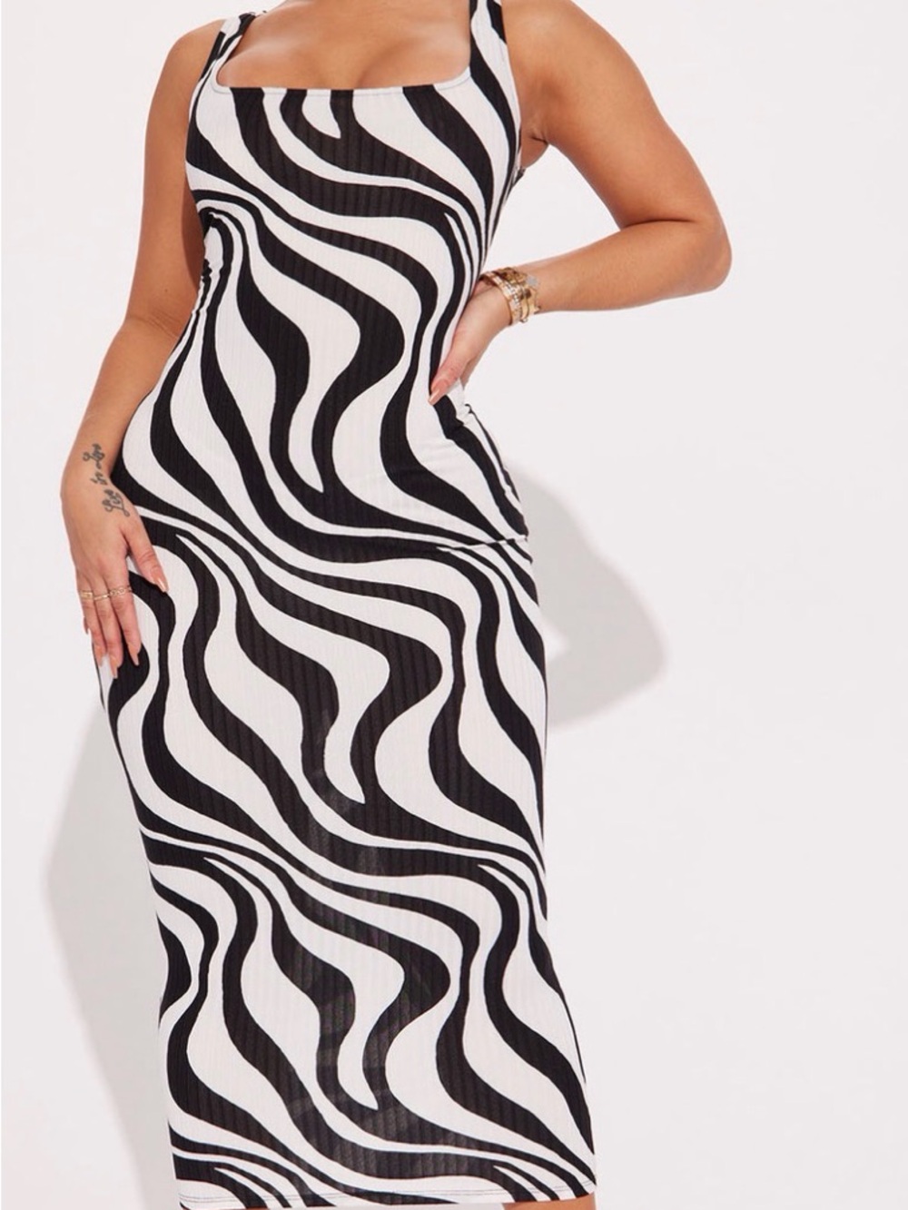 Black & White Zebra-Print Bodycon Midi Dress - Women